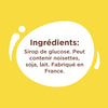 L'image montre la liste des ingrédients d'un produit alimentaire, qui comprend du sirop de glucose et peut contenir des noisettes, du soja et du lait, et il est fabriqué en France.