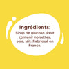 L'image montre la liste des ingrédients d'un produit alimentaire, qui comprend du sirop de glucose et peut contenir des noisettes, du soja et du lait, et il est fabriqué en France.
