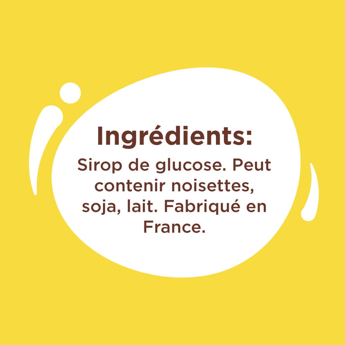 L'image montre la liste des ingrédients d'un produit alimentaire, qui comprend du sirop de glucose et peut contenir des noisettes, du soja et du lait, et il est fabriqué en France.