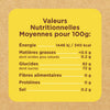 L'image montre un tableau des valeurs nutritionnelles moyennes pour 100g, incluant l'énergie, les matières grasses, les glucides, les fibres alimentaires, les protéines et le sel.
