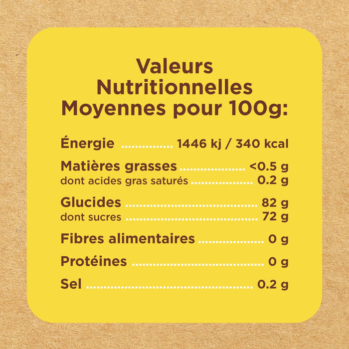 L'image montre un tableau des valeurs nutritionnelles moyennes pour 100g, incluant l'énergie, les matières grasses, les glucides, les fibres alimentaires, les protéines et le sel.