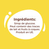 L'image montre la liste des ingrédients d'un produit, qui comprend du sirop de glucose et un avertissement indiquant qu'il peut contenir des traces de lait et de fruits à coque, et qu'il a été fabriqué dans l'UE.