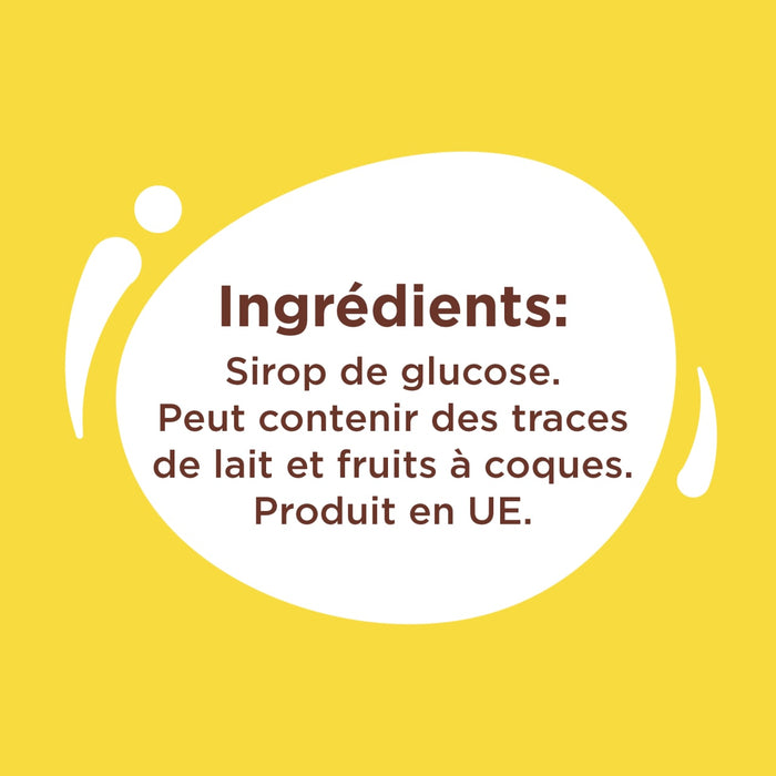 L'image montre la liste des ingrédients d'un produit, qui comprend du sirop de glucose et un avertissement indiquant qu'il peut contenir des traces de lait et de fruits à coque, et qu'il a été fabriqué dans l'UE.