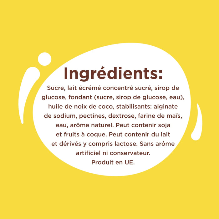 Liste des ingrédients d'un produit alimentaire, détaillant les composants tels que le sucre, le sirop de glucose et l'amidon de maïs.