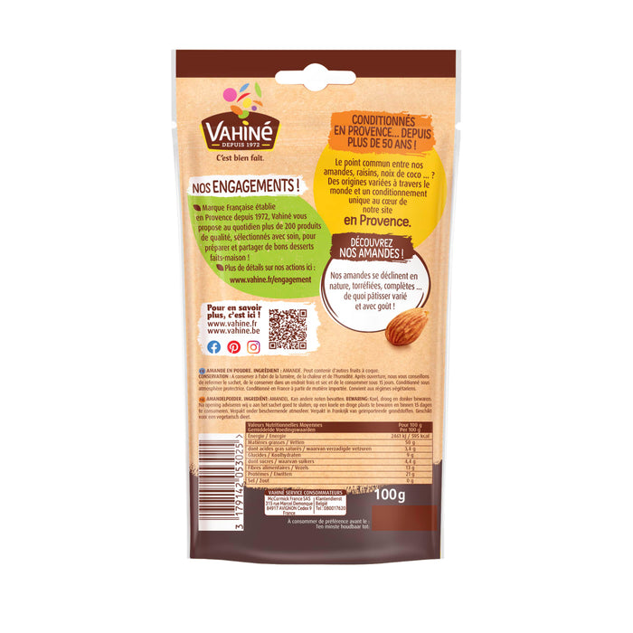 Le dos d'un sac d'amandes enrobACes de chocolat Mumati prACsente des informations nutritionnelles et l'image de marque.