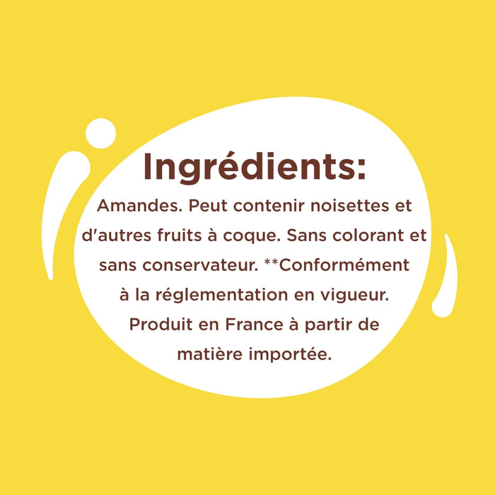 L'image montre la liste des ingrédients d'un produit, qui comprend des amandes et peut contenir des noisettes et d'autres fruits à coque, et est produit en France à partir de matières premières importées.