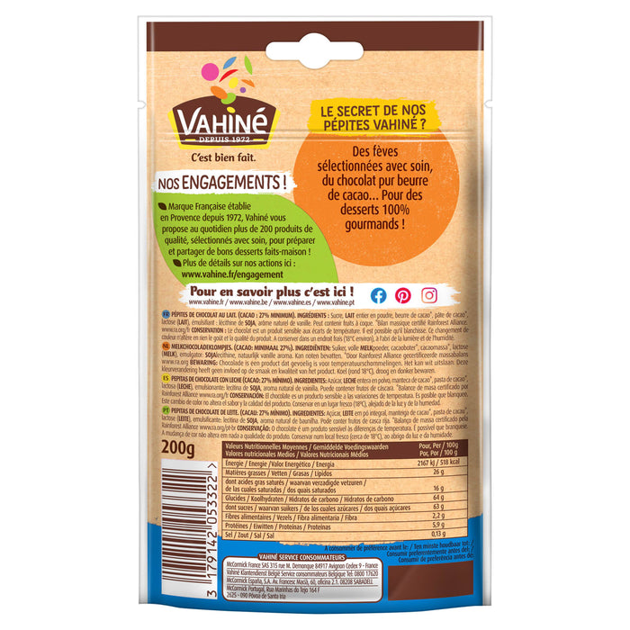 Dos du sachet de pépites de chocolat au lait Vahine présentant les valeurs nutritionnelles, les ingrédients et les engagements de la marque.