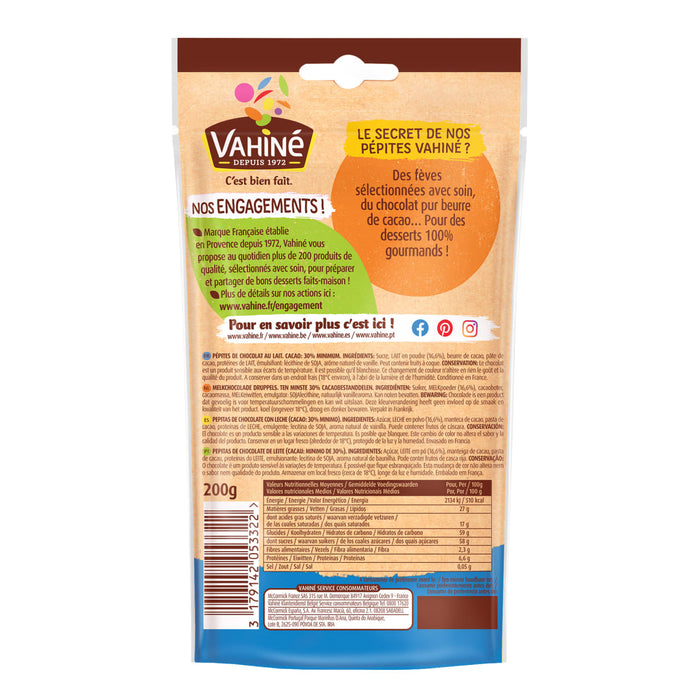 Le dos d'un paquet de bonbons au chocolat WaWa avec des informations nutritionnelles et l'image de marque.