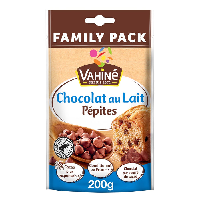 Un paquet de pépites de chocolat au lait de la marque Vahiné, format familial, idéal pour la pâtisserie.