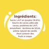 L'image montre la liste des ingrédients d'un produit alimentaire, notamment du sucre, du lait entier en poudre, du beurre de cacao, de la pâte de cacao, des protéines de lactose, de la lécithine de soja et un arôme naturel de vanille, avec une note indiquant qu'il peut contenir des fruits à coque.