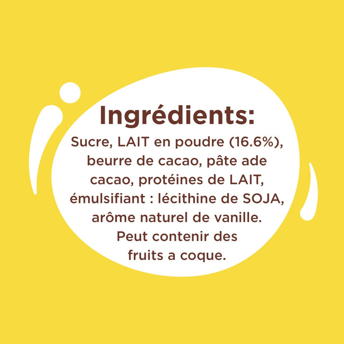 L'image montre la liste des ingrédients d'un produit alimentaire, notamment du sucre, du lait entier en poudre, du beurre de cacao, de la pâte de cacao, des protéines de lactose, de la lécithine de soja et un arôme naturel de vanille, avec une note indiquant qu'il peut contenir des fruits à coque.