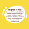 L'image montre la liste des ingrédients d'un produit alimentaire, notamment du sucre, du lait entier en poudre, du beurre de cacao, de la pâte de cacao, des protéines de lactose, de la lécithine de soja et un arôme naturel de vanille, avec une note indiquant qu'il peut contenir des fruits à coque.