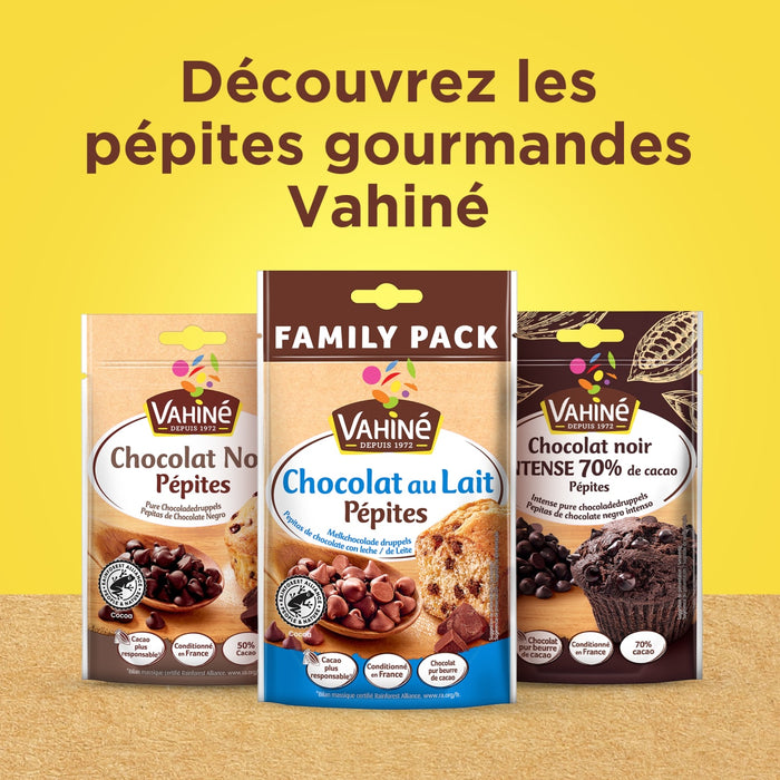 Vahiné présente une variété de pépites gourmandes, incluant chocolat noir, chocolat au lait et un mélange de trois chocolats, parfaites pour la pâtisserie.
