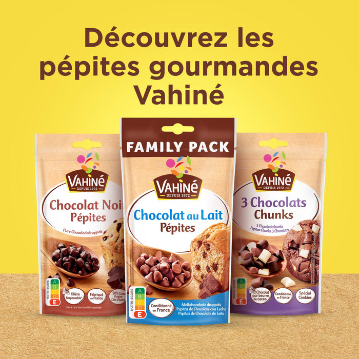 Vahiné présente une variété de pépites gourmandes, incluant chocolat noir, chocolat au lait et un mélange de trois chocolats, parfaites pour la pâtisserie.