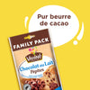 Un paquet familial de pépites de chocolat au lait Valrhona avec une bulle de dialogue mettant en évidence le pur beurre de cacao.