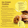 Cette image montre une recette de biscuits à la crème glacée avec une liste d'ingrédients et des instructions, ainsi qu'une pile de biscuits finis.