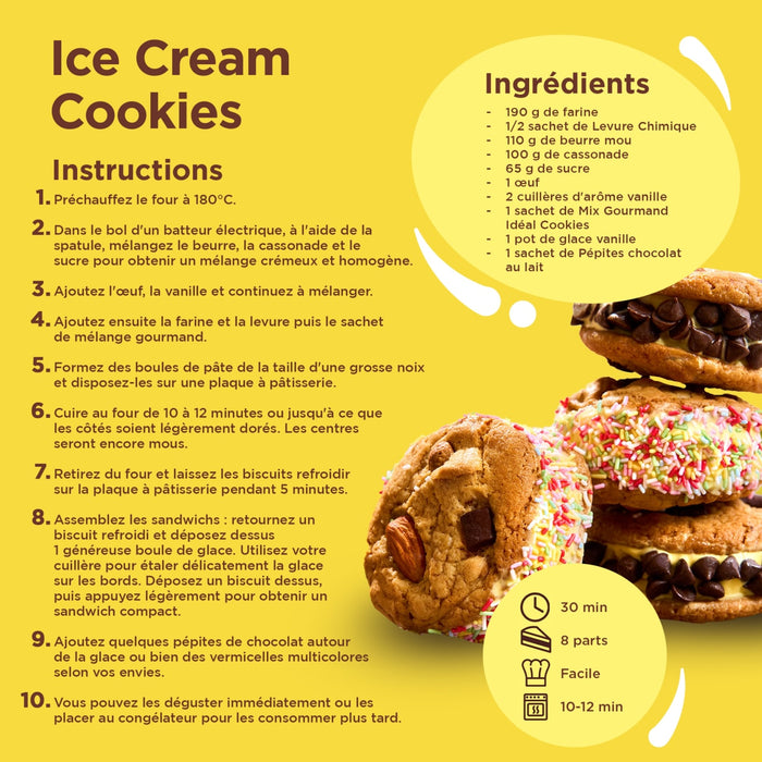 Cette image montre une recette de biscuits à la crème glacée avec une liste d'ingrédients et des instructions, ainsi qu'une pile de biscuits finis.