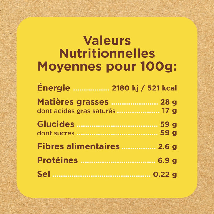L'image montre un tableau des valeurs nutritionnelles moyennes pour 100g d'un produit.