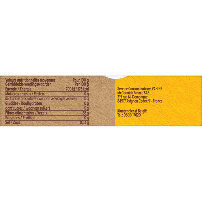 Un panneau latACral de l'emballage du produit affiche des informations nutritionnelles et les coordonnACes de l'entreprise.