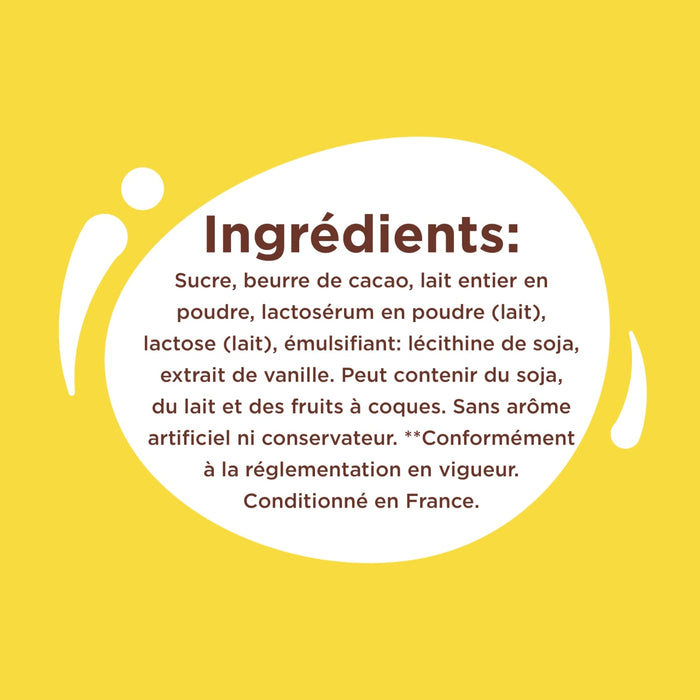 L'image affiche une liste d'ingrédients comprenant du sucre, du beurre de cacao, du lait entier en poudre, du lait écrémé en poudre, de la pâte de cacao, un émulsifiant et de l'extrait de vanille, avec des avertissements concernant les allergènes comme le soja, le lait et les fruits à coque, et une note indiquant que le produit est fabriqué en France.