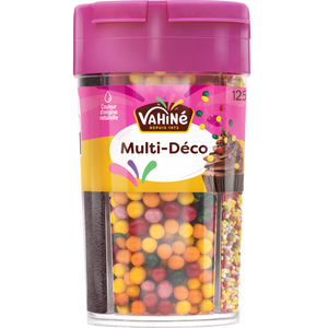 Un récipient de vermicelles Vahiné Multi-Déco, contenant des billes colorées et des bâtonnets de chocolat.
