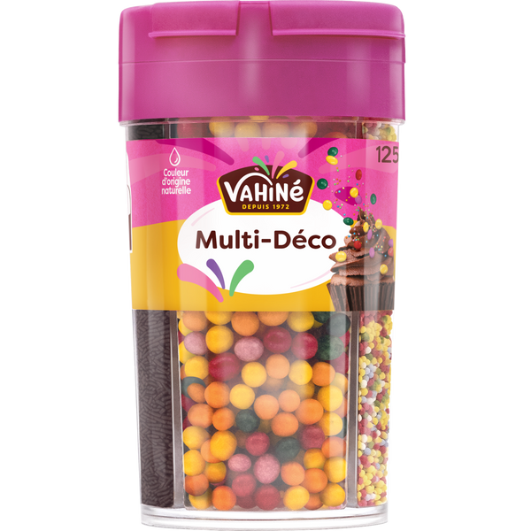 Un récipient de vermicelles Vahiné Multi-Déco, contenant des billes colorées et des bâtonnets de chocolat.