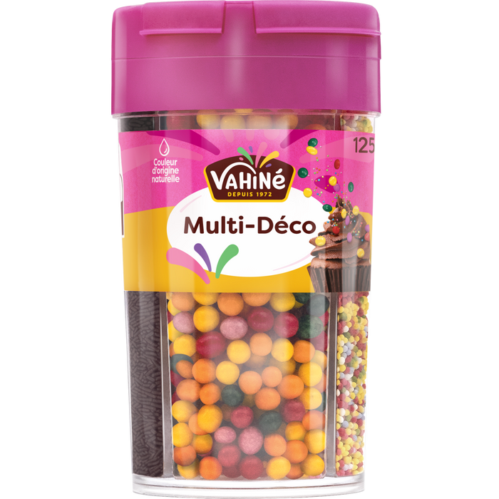 Un récipient de vermicelles Vahiné Multi-Déco, contenant des billes colorées et des bâtonnets de chocolat.