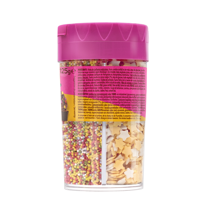 Un rACcipient de vermicelles pour gActeaux avec un couvercle rose, contenant des vermicelles arc-en-ciel et des vermicelles en forme d'ACtoile.