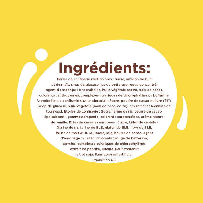 L'image affiche une liste d'ingrédients en français, présentée dans une forme circulaire blanche sur un fond jaune.