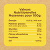 L'image présente un tableau des valeurs nutritionnelles moyennes pour 100g, incluant l'énergie, les matières grasses, les glucides, les fibres alimentaires, les protéines et le sel.