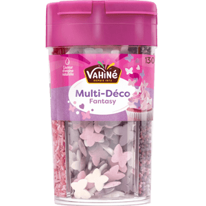 Un récipient de décorations Vahiné Multi-Déco Fantasy en forme de papillons et de fleurs.