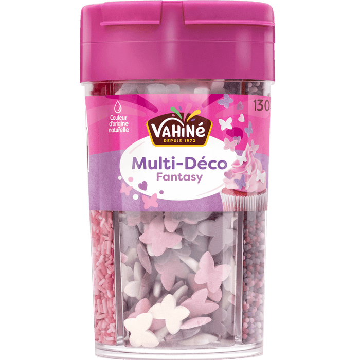 Un récipient de décorations Vahiné Multi-Déco Fantasy en forme de papillons et de fleurs.