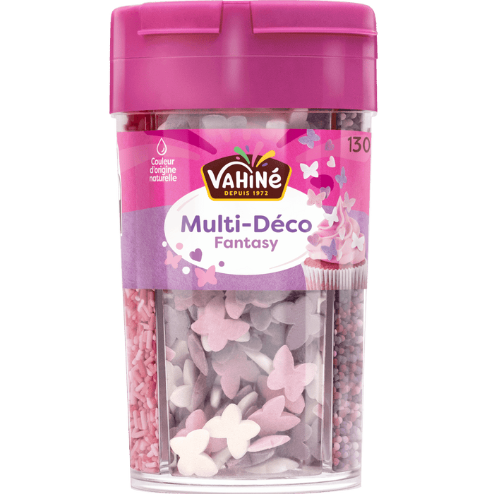Un récipient de décorations Vahiné Multi-Déco Fantasy en forme de papillons et de fleurs.