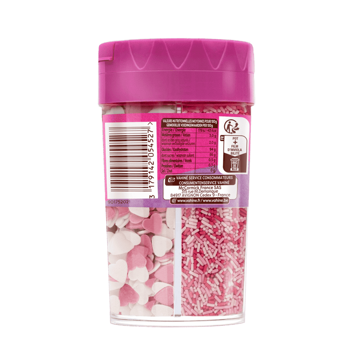 Un rACcipient de cA?urs dACcoratifs et de vermicelles Dr. Oetker avec des informations nutritionnelles et un code-barres sur l'ACtiquette.