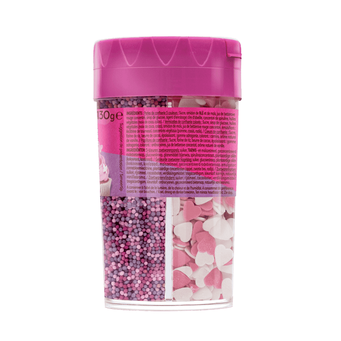 Un rACcipient de paillettes roses et blanches de la marque Wilton.