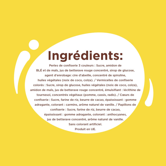 L'image affiche une liste d'ingrédients sur un fond jaune.