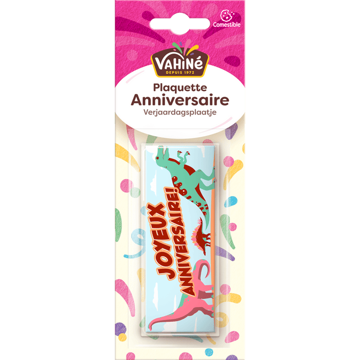 Un aimant de la marque Vachon avec un design Joyeux Anniversaire mettant en vedette des dinosaures de dessins animés.