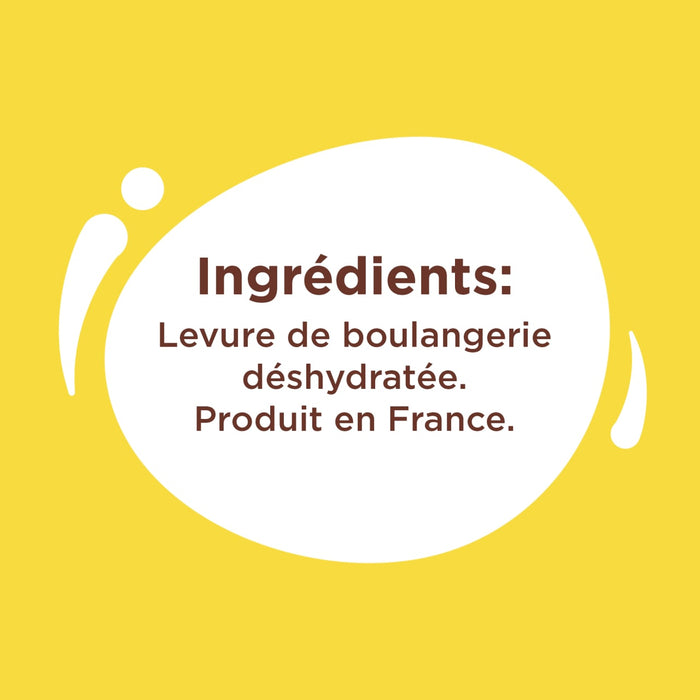 Illustration montrant la liste des ingrédients d'un produit, qui comprend de la levure de boulangerie déshydratée.