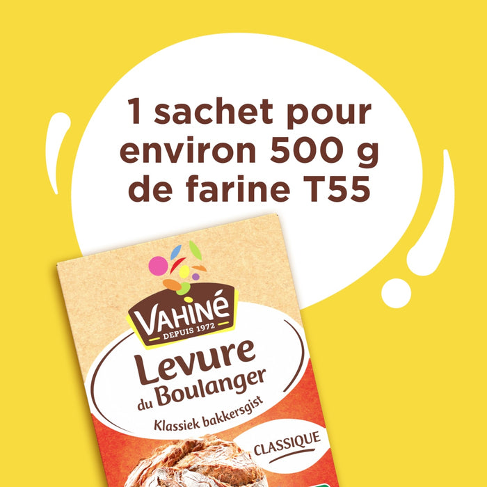 Paquet de levure VahinAC Levure de Boulanger, indiquant qu'un sachet est pour environ 500 g de farine T55.