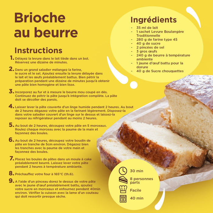 Une fiche de recette pour la Brioche au Beurre, prACsentant les ingrACdients et les instructions pour faire le pain.