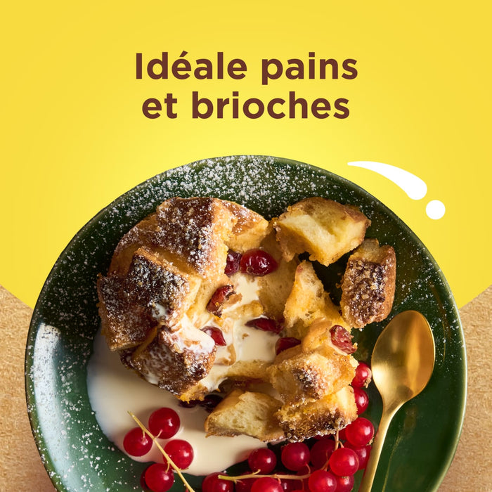 Un dAClicieux dessert de pain et de brioche est prACsentAC sur une assiette verte, saupoudrAC de sucre glace et garni de groseilles rouges.
