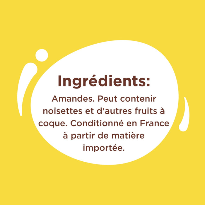 Liste des ingrédients indiquant l'amande comme ingrédient principal et un avertissement indiquant qu'elle peut contenir d'autres fruits à coque.
