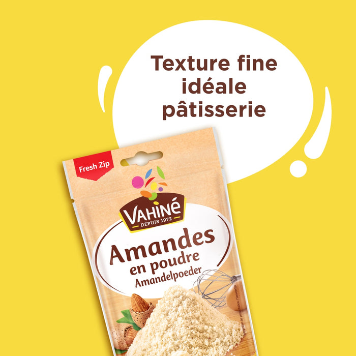 Un paquet de poudre d'amandes VahinAC, mis en avant pour sa texture fine idACale pour la pActisserie.