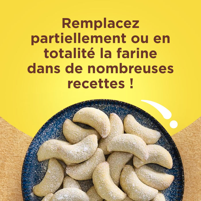 L'image encourage A? remplacer la farine dans les recettes, et prACsente des biscuits en forme de croissant saupoudrACs de sucre glace.