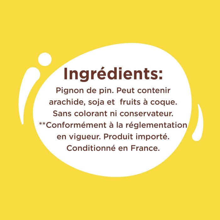 L'image montre les ingrédients d'un produit, qui sont des pignons de pin et peut contenir des arachides, du soja et des fruits à coque.