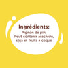 L'image montre les ingrACdients d'un produit, qui sont des pignons de pin et peut contenir des arachides, du soja et des fruits A? coque.