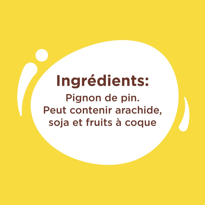 L'image montre les ingrACdients d'un produit, qui sont des pignons de pin et peut contenir des arachides, du soja et des fruits A? coque.