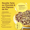 Cette image montre une recette de tarte au chocolat et aux pignons, incluant les ingrACdients et les instructions.