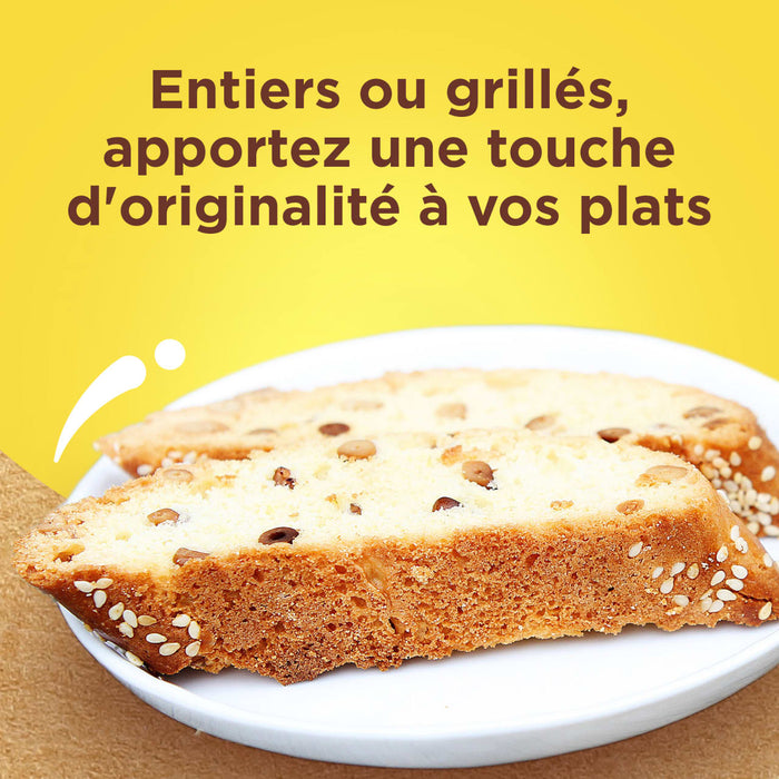 Deux tranches de pain grillAC aux graines sont prACsentACes sur une assiette blanche, suggACrant une faA?on d'ajouter de l'originalitAC aux plats.