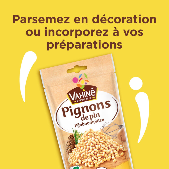 Un paquet de pignons de pin Vivien Pignons de Pin est prACsentAC avec un texte suggACrant de les utiliser en dACcoration ou dans des recettes.